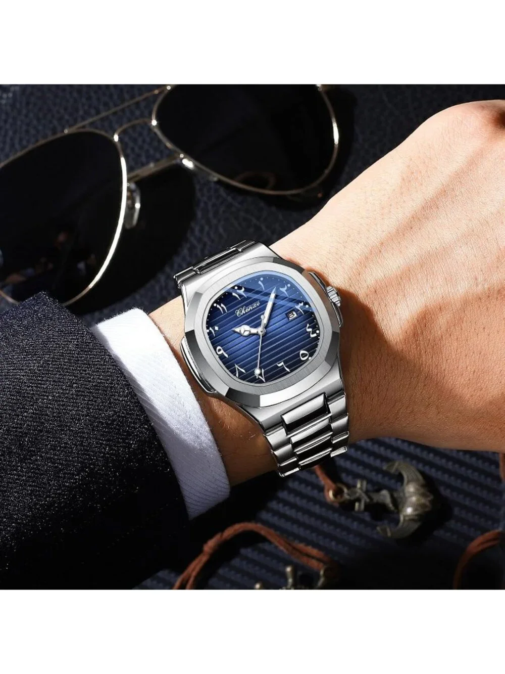 Men's Silver Blue Stainless Steel Strap Quartz Movement Waterproof Wrist Watch